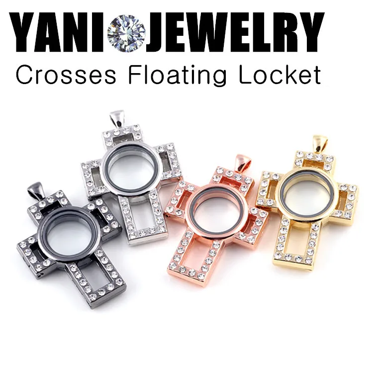 10pcs/lot Fashion Crystal Crosses shape Floating Locket with Rhinestone