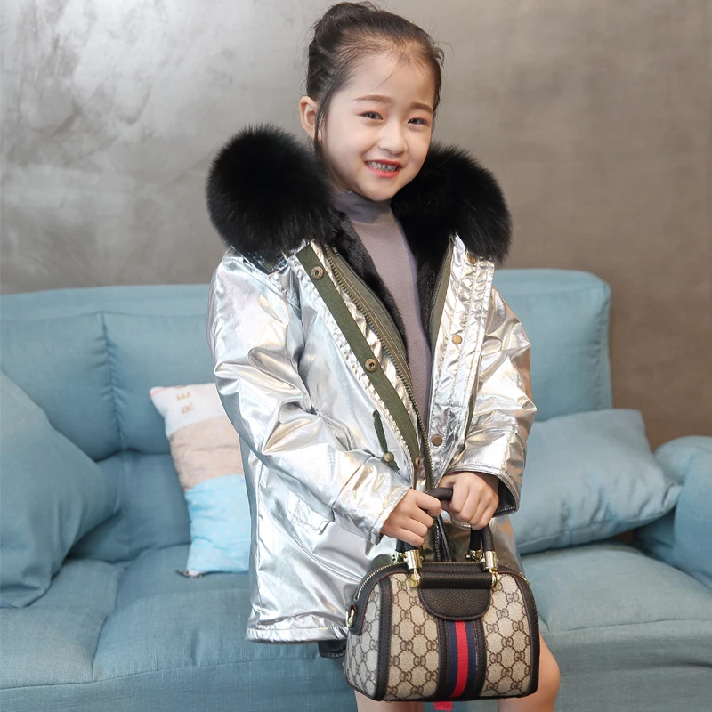 

new parkas Rex Rabbit Fur Lining Children's Jacket Outerwear Girls Big Fox Fur Collar Thicken Warm Gold colour Jacket XXK-02