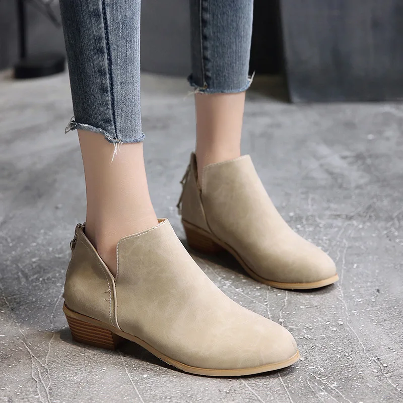 GOXPACER Autumn And Winter 2018 New Boots Women Thick Heel Back Zipper Shoes Fashion Martin Ankle PU Plus Size | Обувь