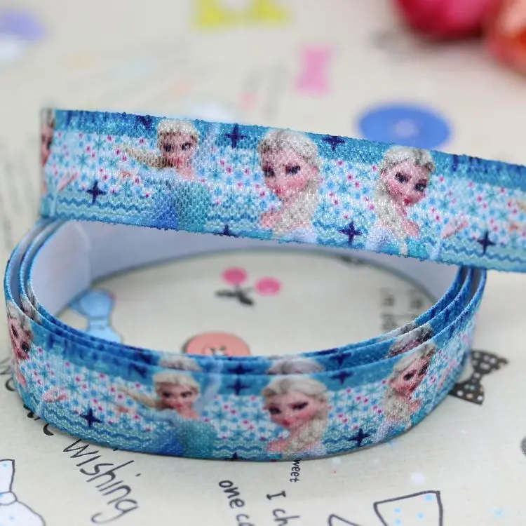 

DHK 5/8'' 5yards Fold Over Elastic FOE anna elsa printed headband hair band diy decoration OEM Wholesale C356