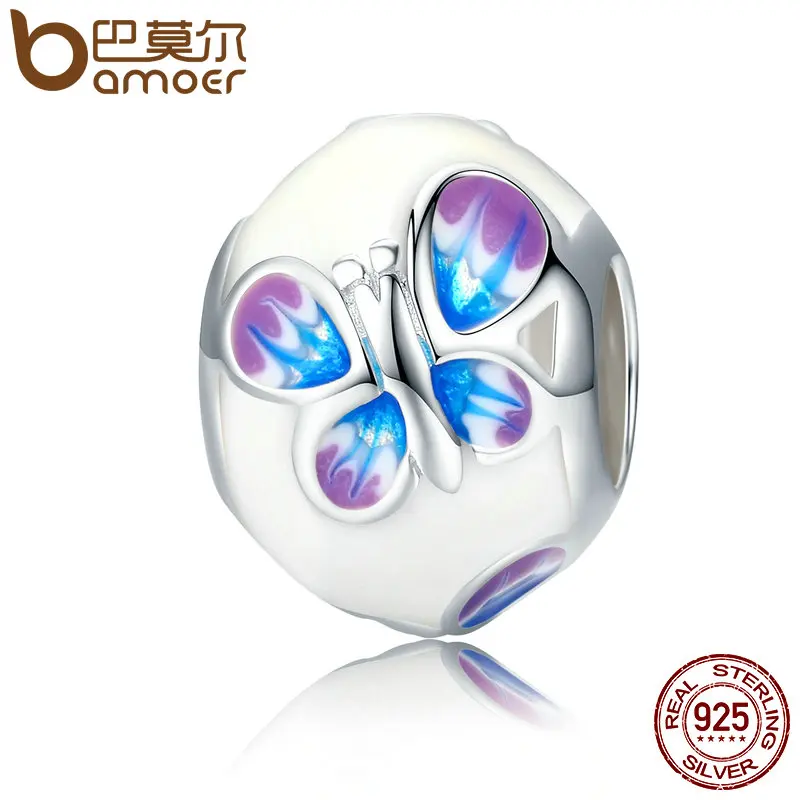 

BAMOER Spring Collection Real 925 Sterling Silver Spring Magic Butterfly, White Enamel Charm Beads fit Bracelets Jewelry SCC292