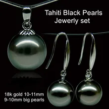 10-11 мм Большой жемчуг набор бижутерии в черном цвете натуральный жемчуг Таити Кулон и висячие серьги для женщин подарок на день