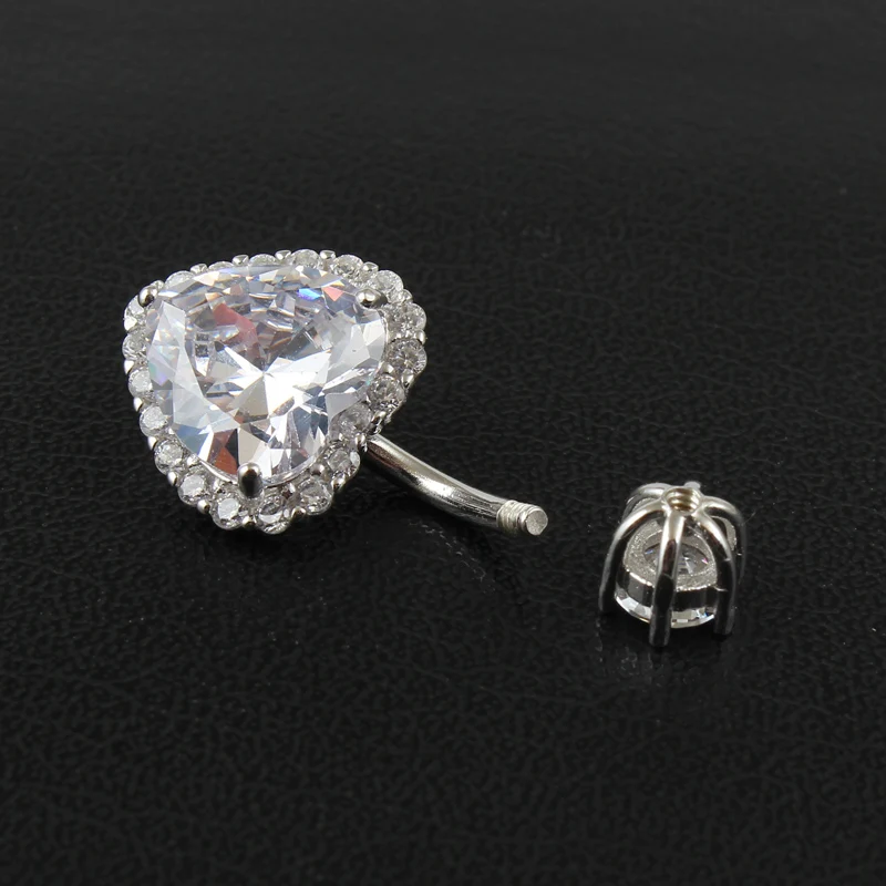 Real 925 sterling silver belly button ring women fine jewelry heart body piercing jewelry S925 6 8 10 mm navel bar zircon stones-2