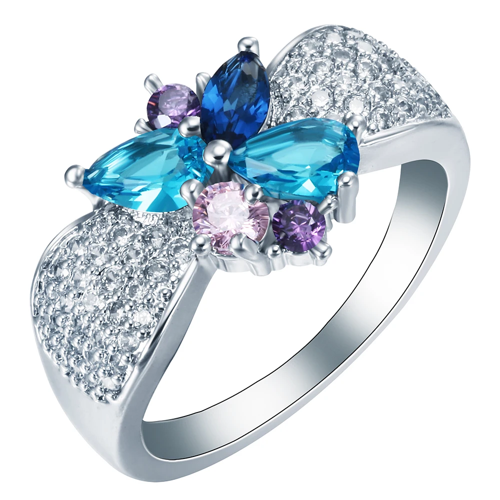 

Butterfly silver color ring Jewelry Beautiful Shiny Design Blue purple white zircon for women new luxury Party wedding rings
