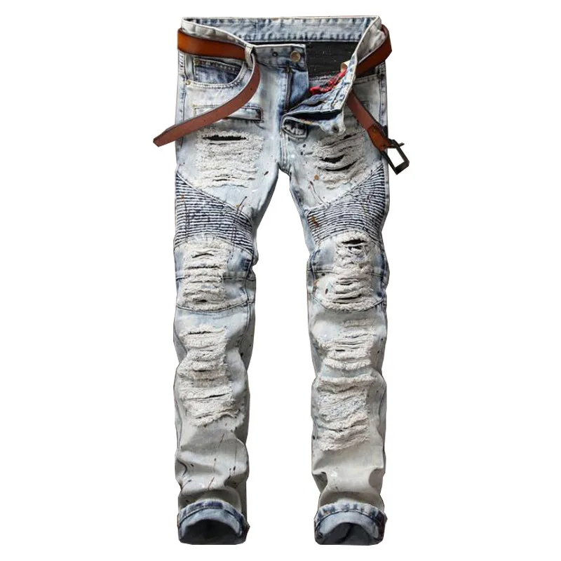 ABOORUN 2017 Mens Skinny Biker Jeans Hip Hop Distressed Ripped Jeans Streetwear Y1076