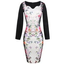 Mujeres Elegante Estampado de Flores Blanco Negro Vintage 50 s Manga Larga Vaina Cintura Alta Túnica Delgado vestido de Noche Corto Vestido de Fiesta 300160
