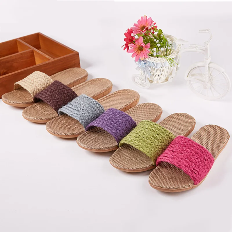 

Women Hemp Slippers Non-Slip Summer Slides Indoor Floor Female Straw Beach Shoes Multi Color Comfort Ladies Flats Slippers