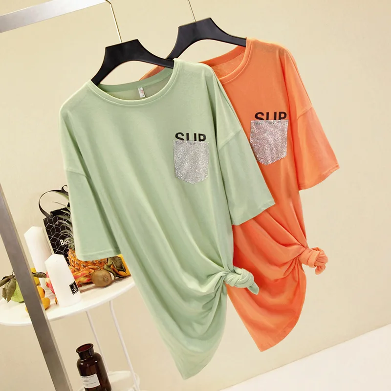 

Summer 2019 Sequins Pockets Cotton Long O-neck Loose T-shirt Fashion Casual TShirt Women Plus Size Harajuku Kawaii TShirt