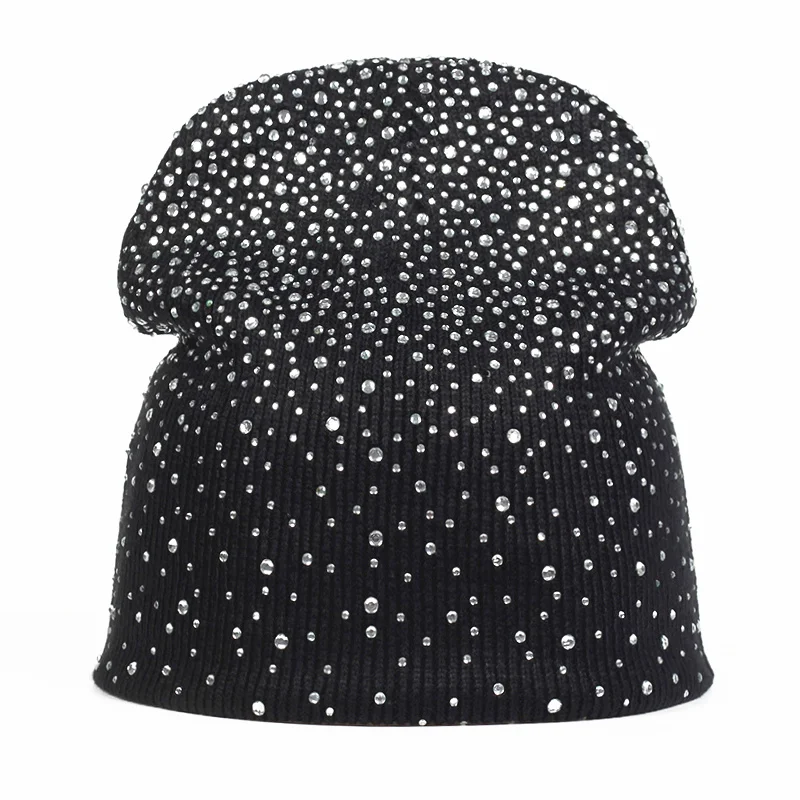 

brand Women's Beanie Hat Casual cotton Shine Rhinestones Beanies Winter Hat For Women Skullies Beanies Cap hats Bone Garros