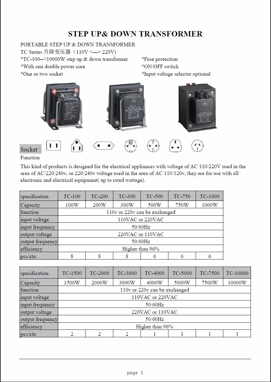 Doméstico tipo Portátil Step Down Uso Transformador 110v 220v Trocado 1000w up & 2 transformation types