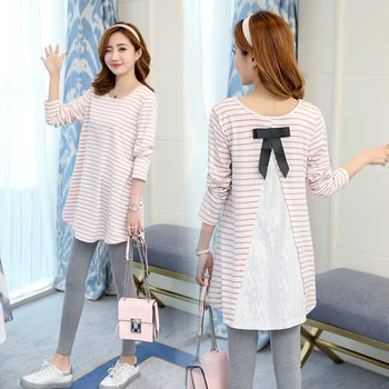 

5062# Strip Cotton Patchwork Lace Maternity Blouse with Bow Loose Shirt Clothes for Pregnant Women Summer Pregnancy Tops Tees