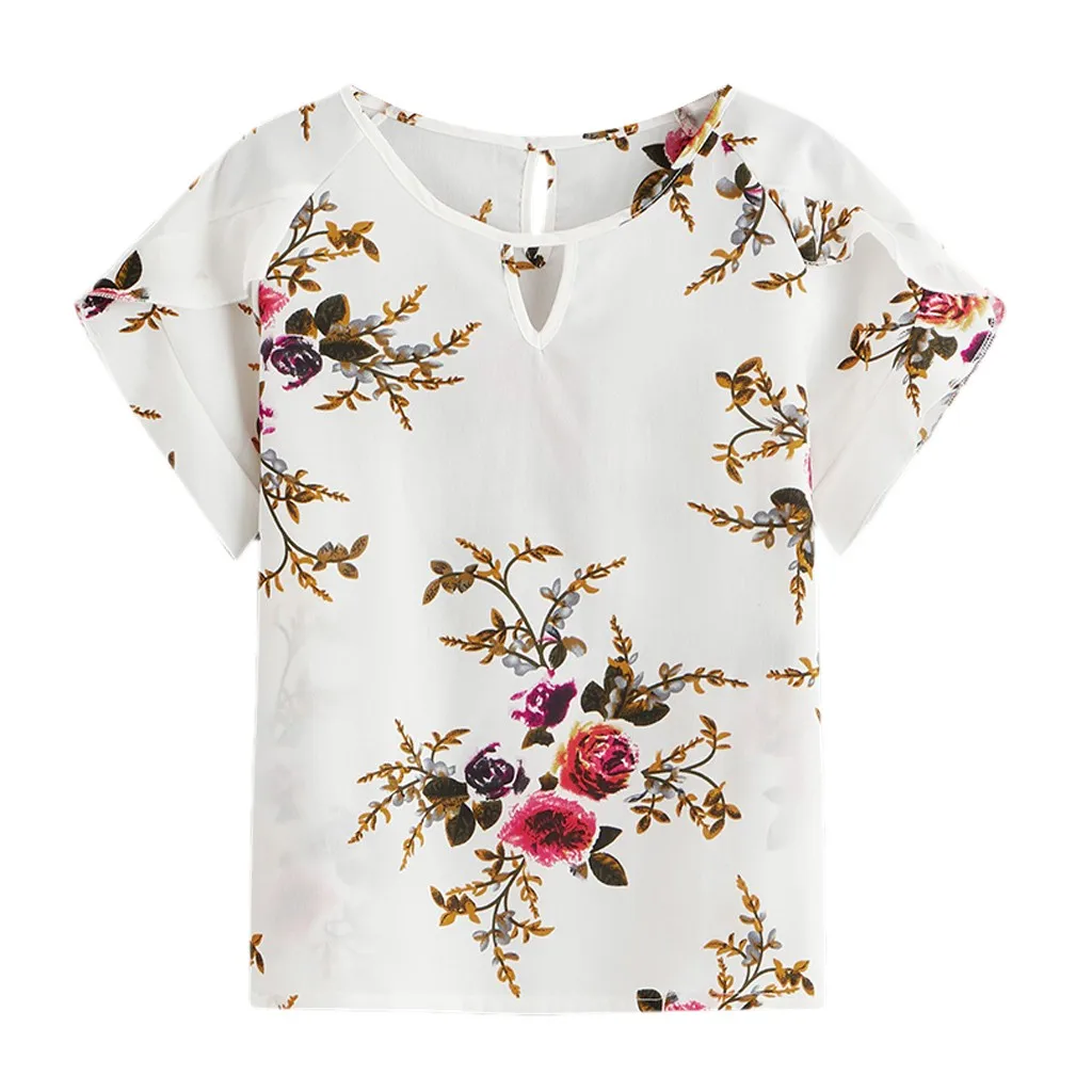 

Feitong Women Ladies Blouses Women's Fashion Floral Print V-Cut Neck Blouse Short Sleeve Chiffon Top V Neck Blouse blusas mujer