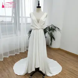Простой High-Low Пляжные Свадебные платья 2019 v-образным вырезом Потрясающие складки спинки Свадебные платья Vestido De Noiva реальные ZW113
