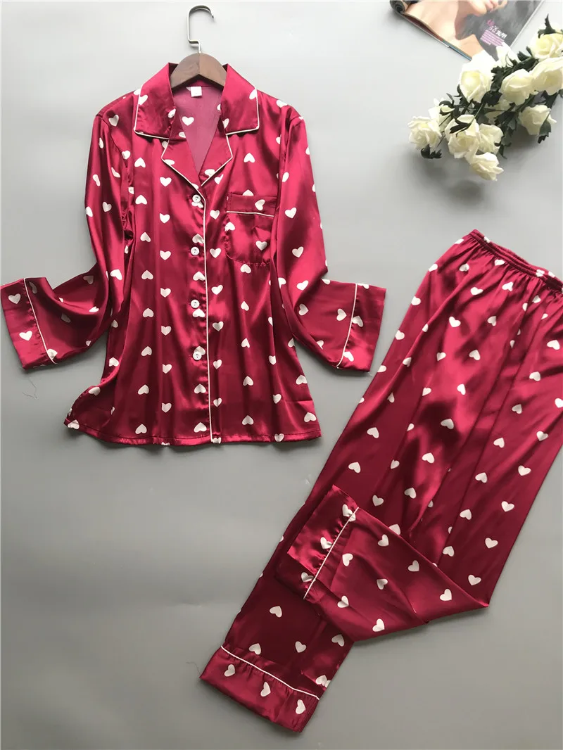 JRMISSLI Silk Pajamas Female High Quality Sleepwear Women Pure SILK Love Heart Print Long-Sleeved Pyjama Pants Two-Piece Sets