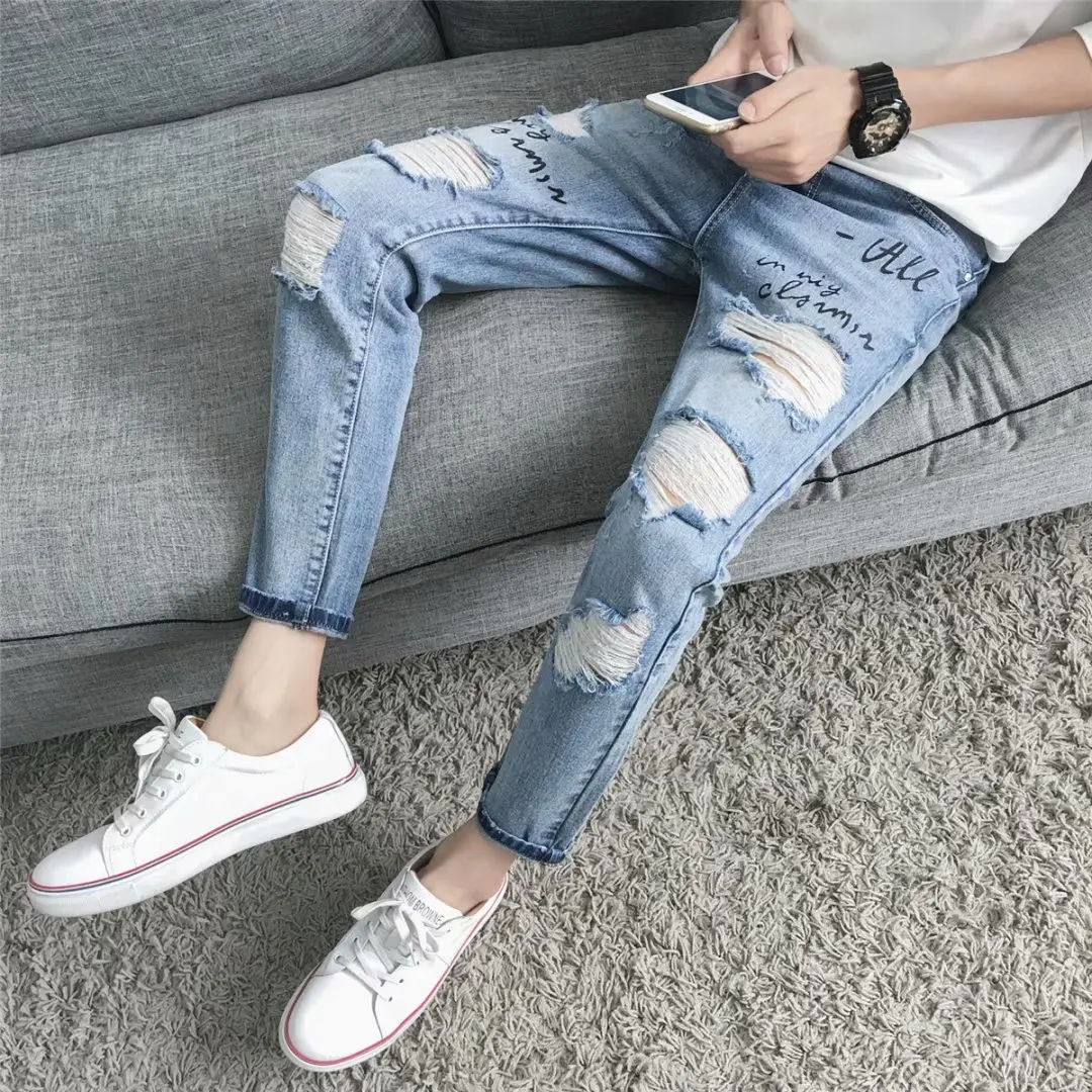

2019 Spring Summer Men's Hole Ankle Length Jeans Men's Light Blue Ripped Slim Fit Pencil Pants Men Thin Section 9 Points
