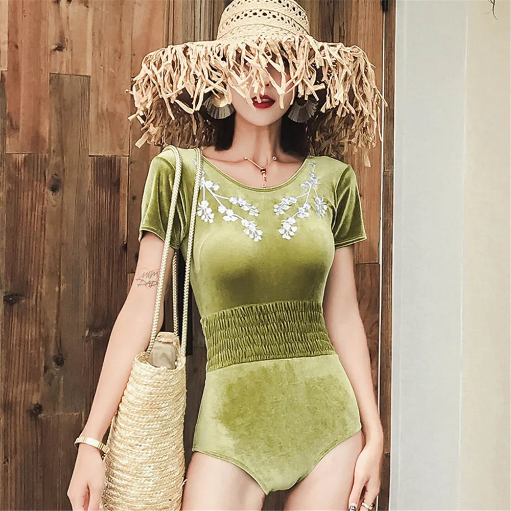 

Velvet One Piece Swimsuit Women Solid Swimwear Short Sleeve Monokini Push Up Swim Suit Embroidery Floral Trikini Sexy Bandage