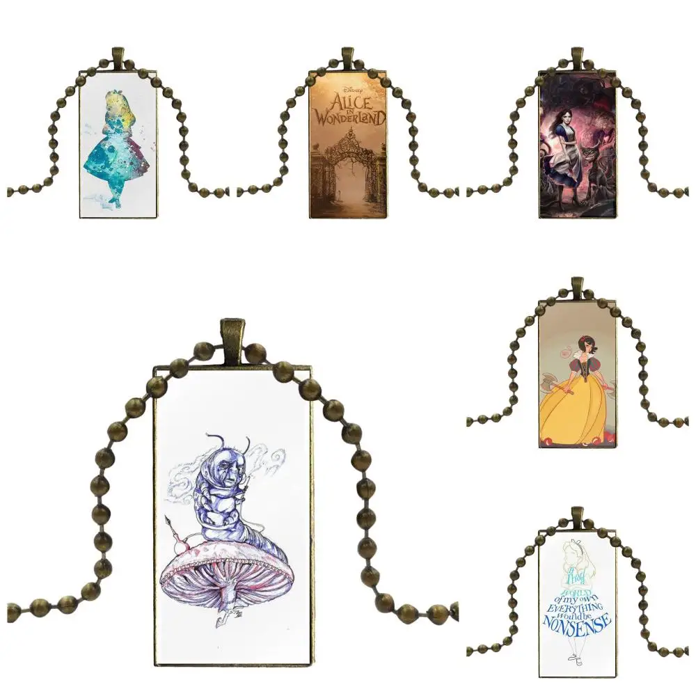 

Alice In Wonderland Ariel Jasmine Glass Cabochon Pendant Necklace Rectangle Fashion Necklace For Christmas Gift
