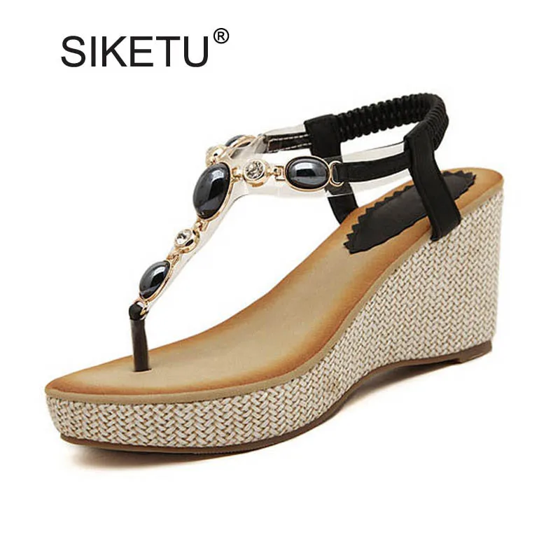 

Ladies Casual Platform Wedges Sandals Fashion String Bead Rhinestone Flip Flops For Women Sweet Bohemia Gladiator Sandals Woman