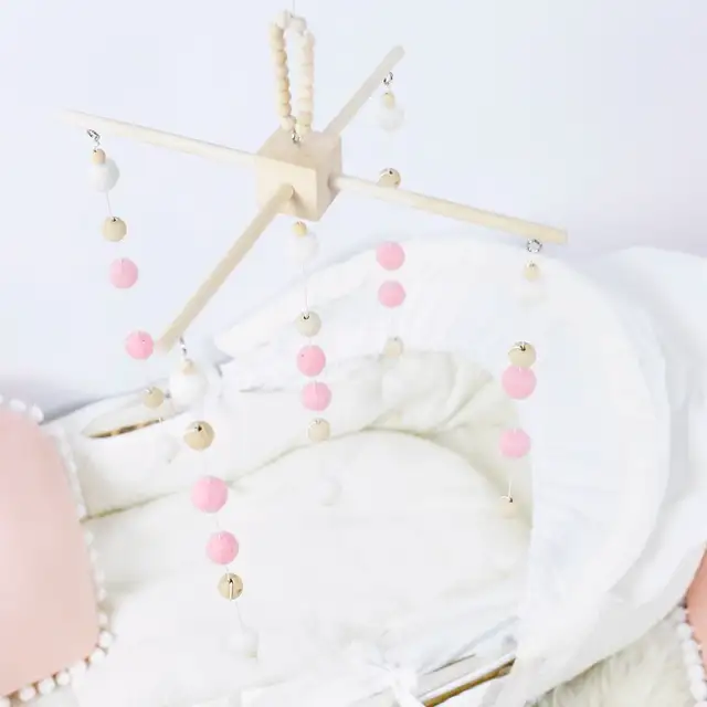 Baby Rattle Mobile Crib Mobile Pink Felt Ball Nursery Decor Withe