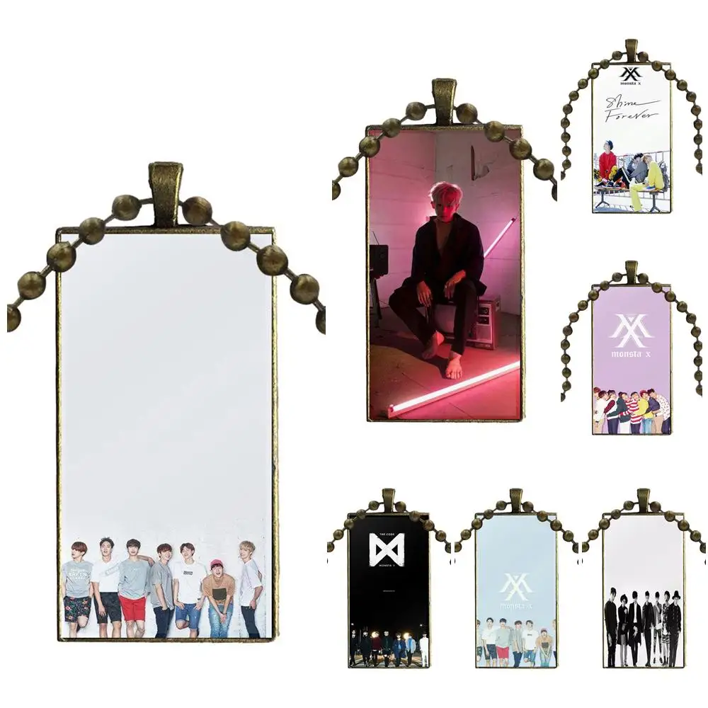 

Monsta X KPOP Boy Group Vintage Jewelry Bronze Color Glass Cabochon Choker Pendant Long Rectangle Necklace For Women Choker