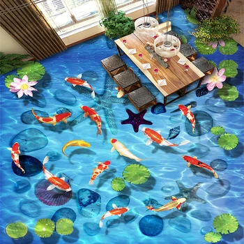 

Custom Self-adhesive Floor Mural Chinese Style Lotus Carp Stone 3D Floor Tiles Wallpaper Living Room Bathroom Waterproof Sticker