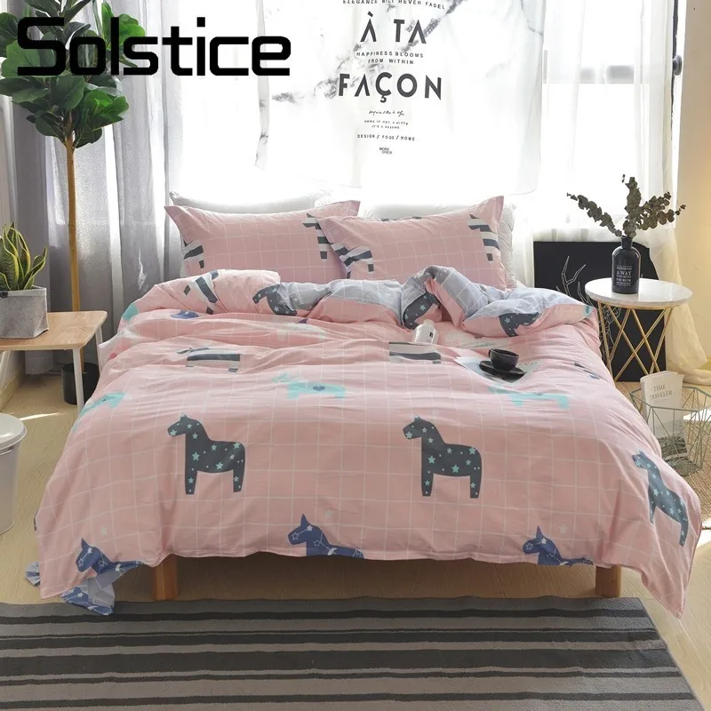 

Solstice Home Textile Cartoon Horse Plaid Bedding Sets Cute Kid Girl Boy Cotton Bedlinen Quilt Cover Pillowcase Sheet Bedclothes
