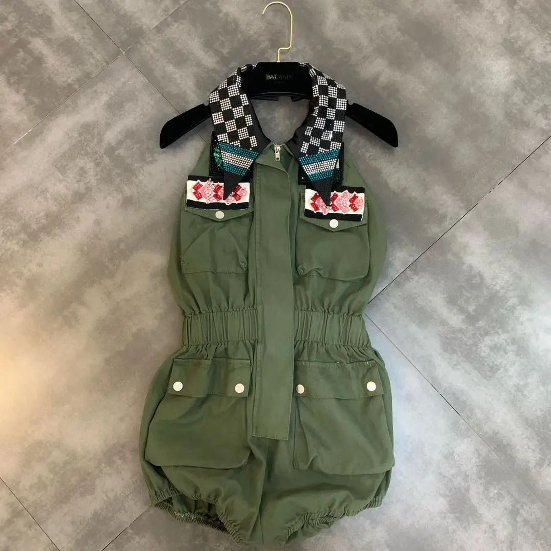 

Women's jumpsuit hanging neck backless beaded hot drilling shoulders army green jumpsuit street fashion casual new style
