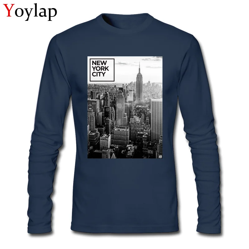 100% Cotton Tops T Shirt Printing for Boys Birthday T-shirts Leisure 2017 Crewneck Long Sleeve Tee-Shirts Top Quality New York City - Cityscape BW navy