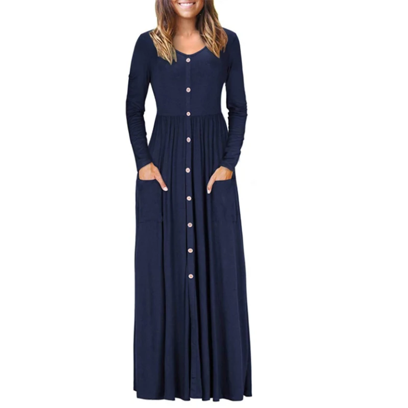 

Autumn Women O Neck Button Maxi Dress Ladies Long Sleeve Vintage Dress Casual Party Dress With Pocket