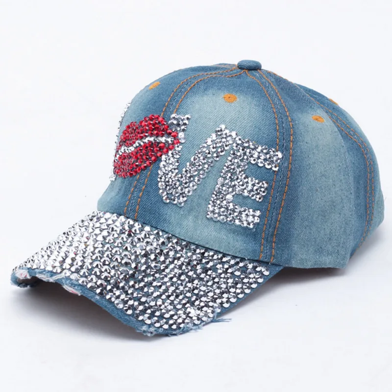 Fashion Shiny Crystal Letter LOVE Baseball Cap Bling Rhinestone Women