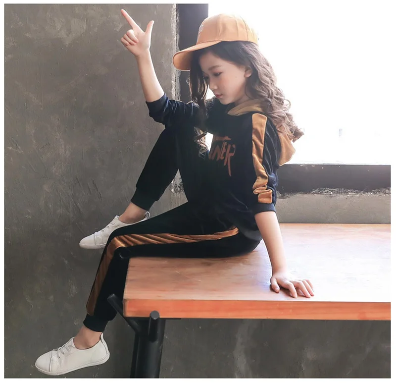 spring girls clothing sets kids girls clothes gold velvet two-piece suit children sport suit for girls (12)