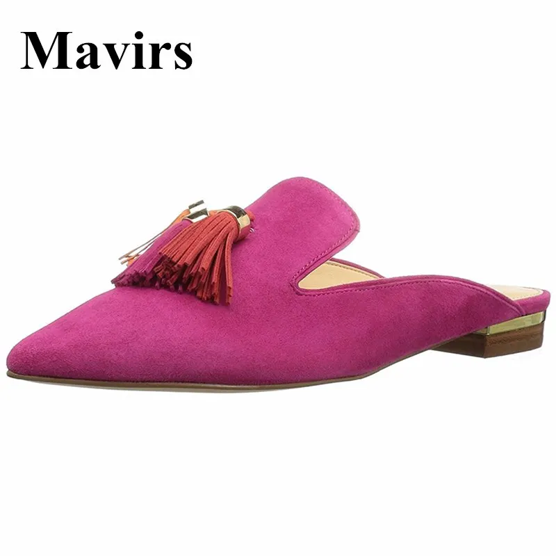 MAVIRS Brand Mules Women Slippers 2018 Fashion Fringe Flats Pink Casual Shoes Velvet Backless Slip On Loafers Flat Size US 5 -15