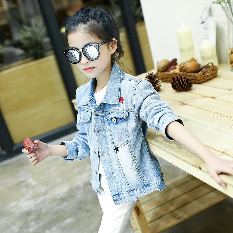 

new kids girl denim jackets 2017 spring autumn long sleeve pockets blue jeans teenager jackets girls clothing children outwears