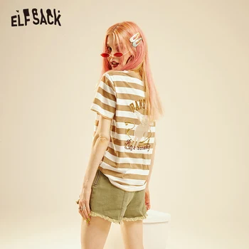 

ELF SACK Cotton Khaki Striped Women T-shirt Fashion Letter Embroidery Sweet Female Tee 2019 Summer Streetwear Oversize Tops