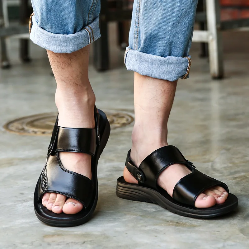 Genuine Leather New Summer Breath Slippers Men Slides Fluffy Plush Sandals  Flat House Shoes Casual Flip Flops Leather Men Shoe - AliExpress