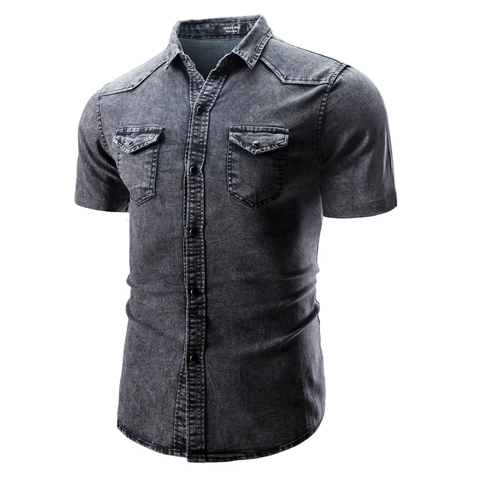 denim shirt men summer Fashion Casual Lapel shirt men short sleeve camisa hombre button up men jeans shirt Pocket d90629