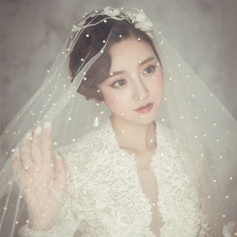 

JIN IS YARN 2019 Hot Sale one Layer White Ivory Tulle Bridal Veil Cathedral Royal Pearl Wedding Veil