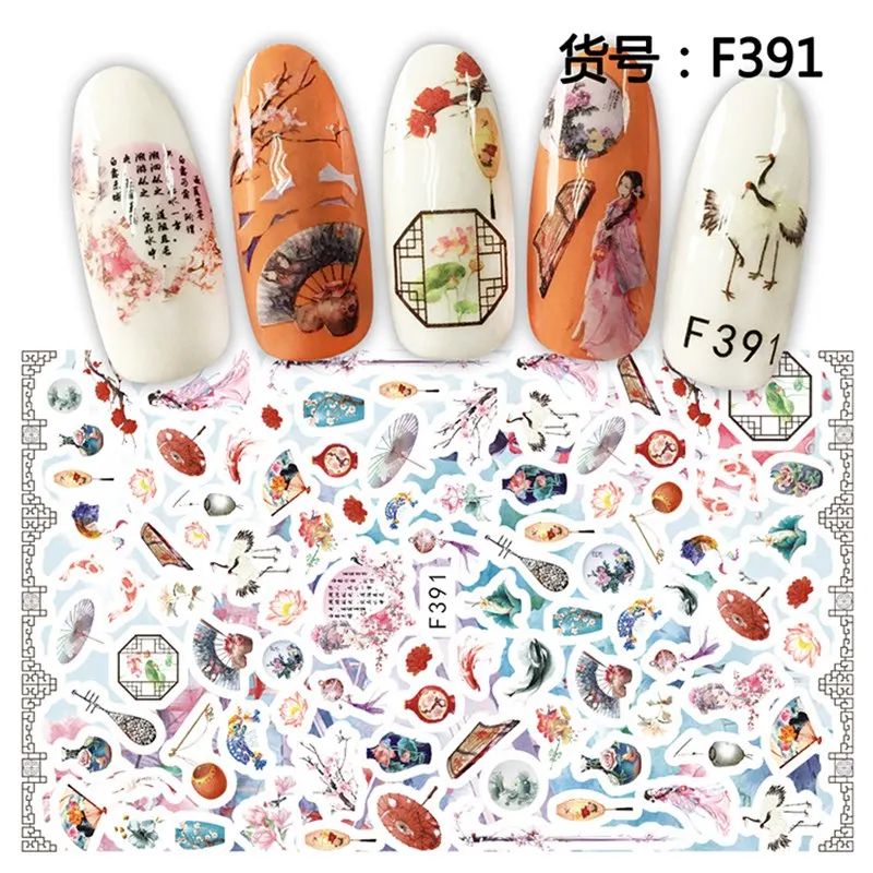 Chinese new year style adhesive nail sticker decals ultra thin 3d nail art decorations stickers manicure nails supplies tool - Цвет: F391