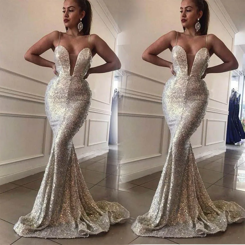 

Mermaid Shining Sliver Dress for Evening Party New Summer Spaghetti Strap Hollow Out Sheerness Long Elegant Dress Bride Dress