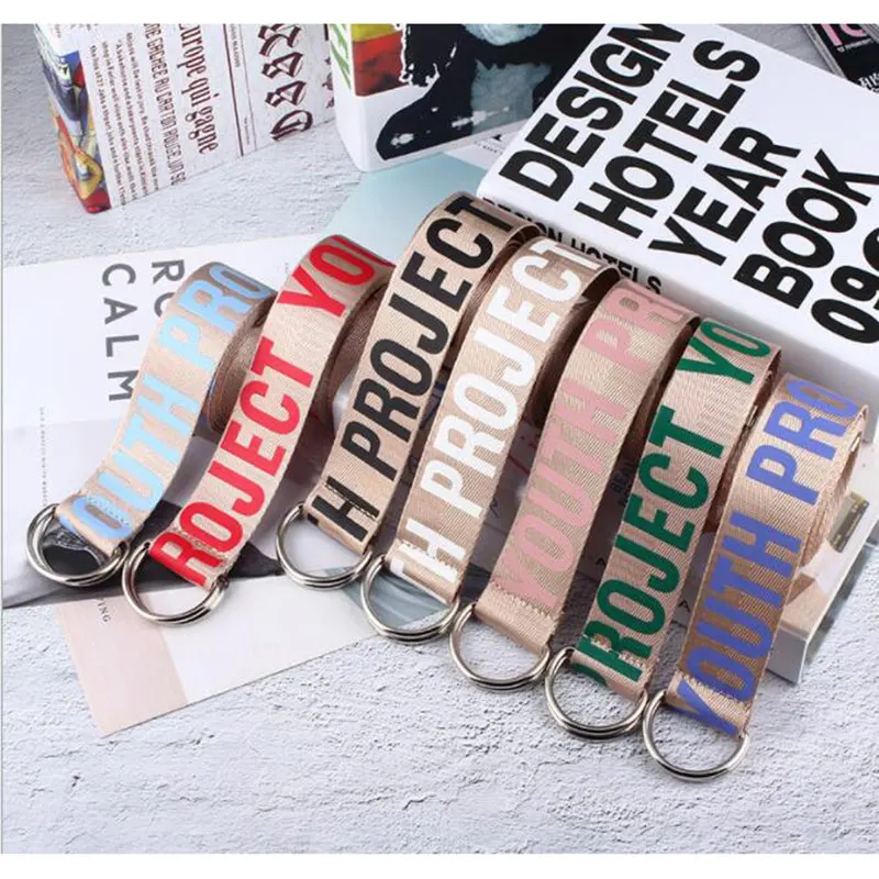

Hot 2019 Unisex Canvas Belts Letters Printed D Ring Double Buckle Student Belt Fashion Belts Student Letter Canvas Belt