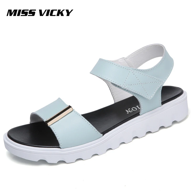 

MISS VICKY 2019Summer New Women's Sandals Leather Flat Bottom Hook & Loop Casual Women's Sandals