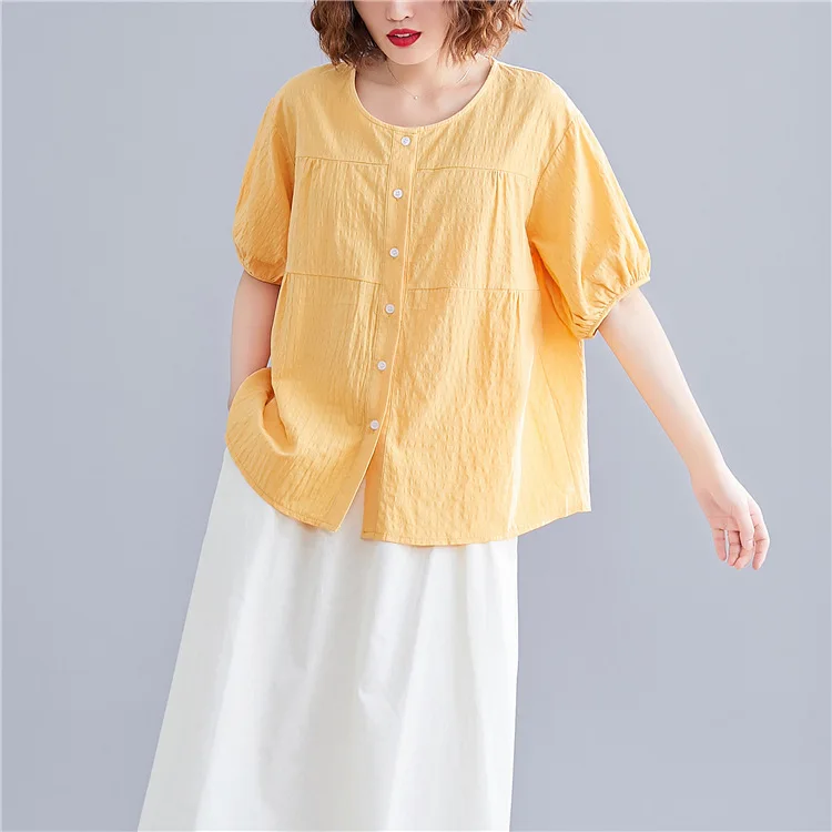 

Johnature Summer Women Clothes 2019 New Simple Loose Shirt Casual O-neck Short Sleeve Solid Color Womens Tops And Blouses