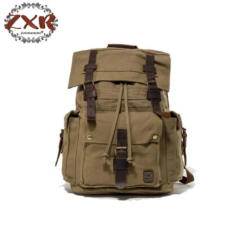 

Men's Military Canvas Backpack Large Capacity Tavel Bag Vintage Canvas Leather Drawstring Back Packs Rucksack School Bag