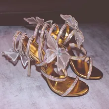 INS/ роскошные сандалии с золотыми ремешками; пикантные летние женские вечерние сандалии со стразами на высоком каблуке с бабочкой и стразами