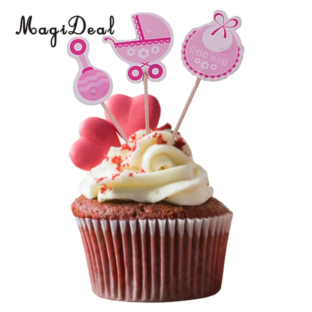 Pack of 36pcs Baby Shower Cupcake Picks Christening Baby Carriage Bib Rattle Cupcake Toppers It's a Girl Boy Party Accessories