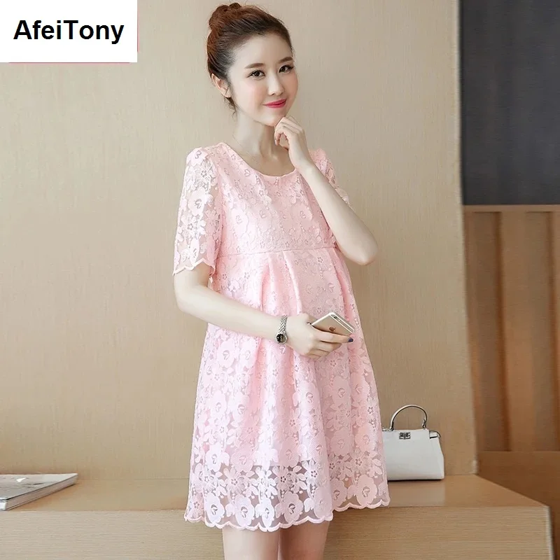 

Pink Lace Maternity Dresses Summer Clothes For Pregnant Women Clothing O-neck Short Sleeve Slim Pregnancy Dress Plus Size