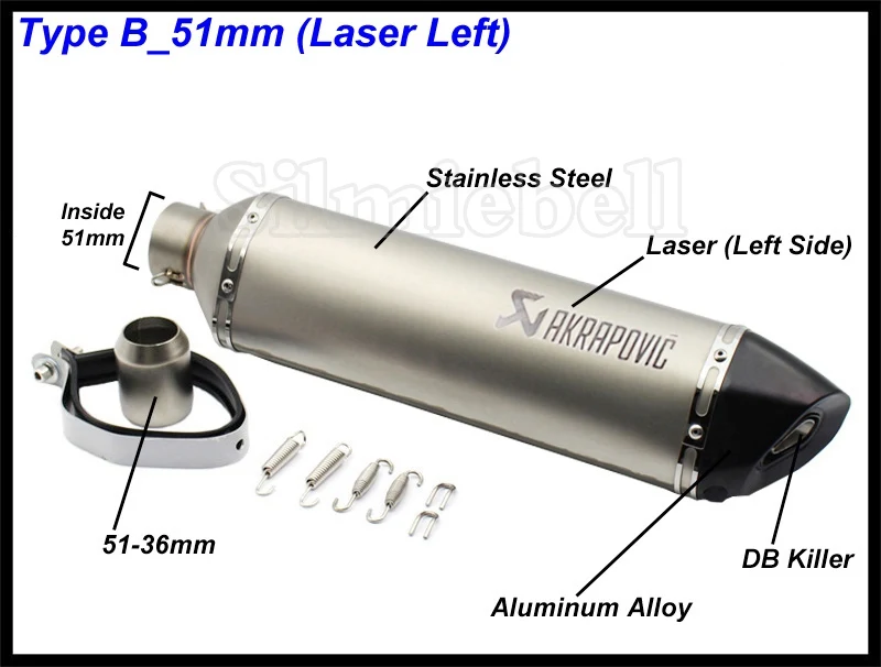 Левая Правая сторона 570 мм Длина 51 мм вход Универсальный Akrapovic Мотоцикл выхлопная труба CB600 ER10N Z800 MT09 R1 R6 R15 FZ6N PCX125 - Цвет: B-51mm (Laser Left)