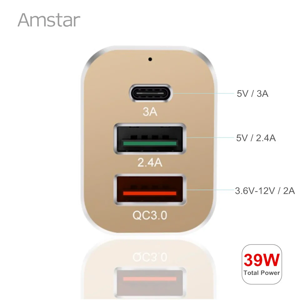 Amstar USB-C شاحن سيارة نوع-c & السريع 3.0 usb شاحن الكربون؛ 39 واط QC3.0 s8 سيارة شاحن الهاتف المحمول ل sumsang xiaomi Mi5