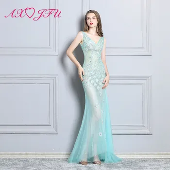 

AXJFU blue lace flower Sexy evening dress nightclub banquet temperament long V-neck model body-building mermaid evening dress