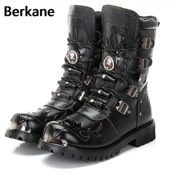 

Army Boots Men Military Boots 2019 Leather Winter Black cowboy snow Metal Gothic Punk Boots Male Shoes Motorcycle Botas Hombre